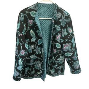 Womens Reversible Quilted Jacket Boho Cottagecore Farmhouse Tapestry Floral Teal